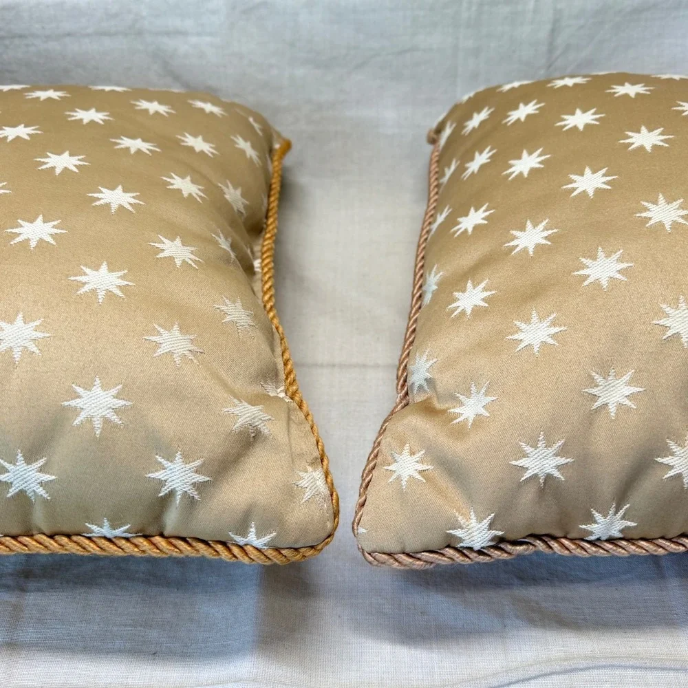 Vintage Set Champagne Star Throw Pillows 16x16 Ivory Embroidered Accent Cushions